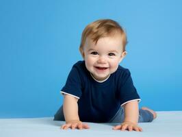 bezaubernd Baby mit beschwingt Kleidung im ein spielerisch Pose ai generativ foto