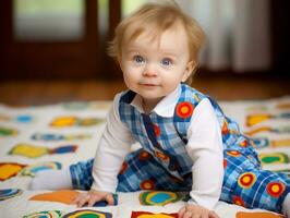 bezaubernd Baby mit beschwingt Kleidung im ein spielerisch Pose ai generativ foto