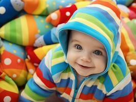 bezaubernd Baby mit beschwingt Kleidung im ein spielerisch Pose ai generativ foto