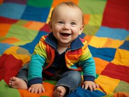 bezaubernd Baby mit beschwingt Kleidung im ein spielerisch Pose ai generativ foto