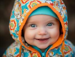 bezaubernd Baby mit beschwingt Kleidung im ein spielerisch Pose ai generativ foto