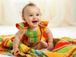 bezaubernd Baby mit beschwingt Kleidung im ein spielerisch Pose ai generativ foto