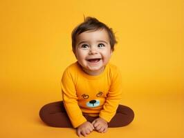 bezaubernd Baby mit beschwingt Kleidung im ein spielerisch Pose ai generativ foto