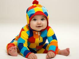 bezaubernd Baby mit beschwingt Kleidung im ein spielerisch Pose ai generativ foto