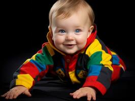 bezaubernd Baby mit beschwingt Kleidung im ein spielerisch Pose ai generativ foto