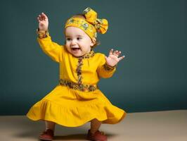 bezaubernd Baby mit beschwingt Kleidung im ein spielerisch Pose ai generativ foto