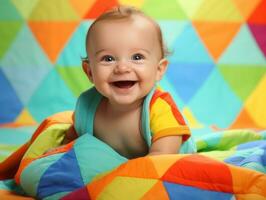 bezaubernd Baby mit beschwingt Kleidung im ein spielerisch Pose ai generativ foto