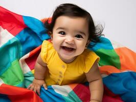 bezaubernd Baby mit beschwingt Kleidung im ein spielerisch Pose ai generativ foto