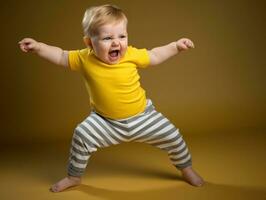 bezaubernd Baby mit beschwingt Kleidung im ein spielerisch Pose ai generativ foto