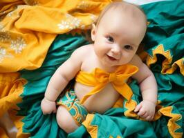 bezaubernd Baby mit beschwingt Kleidung im ein spielerisch Pose ai generativ foto