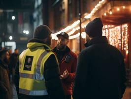 Polizist ist sorgfältig Prüfung das Szene zum Beweise während seine Ermittlung ai generativ foto