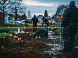 Polizist ist sorgfältig Prüfung das Szene zum Beweise während seine Ermittlung ai generativ foto