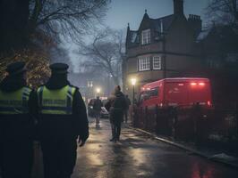 Polizist ist sorgfältig Prüfung das Szene zum Beweise während seine Ermittlung ai generativ foto