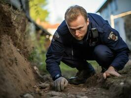 Polizist ist sorgfältig Prüfung das Szene zum Beweise während seine Ermittlung ai generativ foto