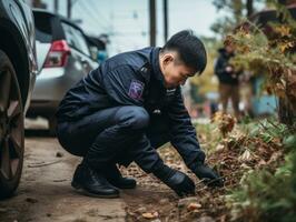 Polizist ist sorgfältig Prüfung das Szene zum Beweise während seine Ermittlung ai generativ foto