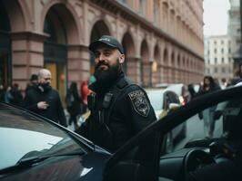 Polizist ist sorgfältig Prüfung das Szene zum Beweise während seine Ermittlung ai generativ foto