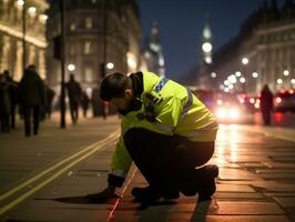 Polizist ist sorgfältig Prüfung das Szene zum Beweise während seine Ermittlung ai generativ foto