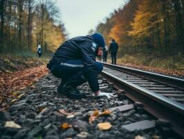 Polizist ist sorgfältig Prüfung das Szene zum Beweise während seine Ermittlung ai generativ foto