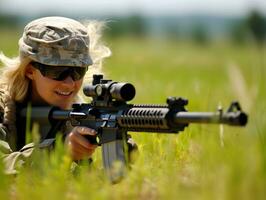 Frau dient wie ein gewidmet und furchtlos Soldat ai generativ foto