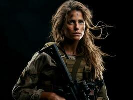 Frau dient wie ein gewidmet und furchtlos Soldat ai generativ foto