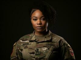 Frau dient wie ein gewidmet und furchtlos Soldat ai generativ foto