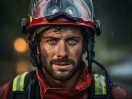 mutig männlich Feuerwehrmann furchtlos konfrontiert das lodernd Inferno ai generativ foto