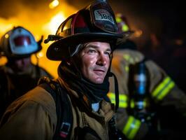 mutig männlich Feuerwehrmann furchtlos konfrontiert das lodernd Inferno ai generativ foto