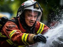 mutig männlich Feuerwehrmann furchtlos konfrontiert das lodernd Inferno ai generativ foto