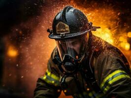 mutig männlich Feuerwehrmann furchtlos konfrontiert das lodernd Inferno ai generativ foto