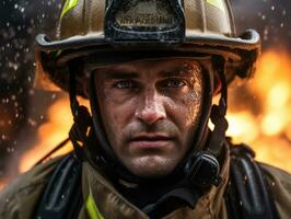 mutig männlich Feuerwehrmann furchtlos konfrontiert das lodernd Inferno ai generativ foto