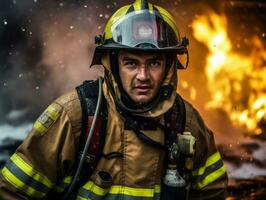 mutig männlich Feuerwehrmann furchtlos konfrontiert das lodernd Inferno ai generativ foto