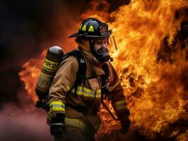 mutig männlich Feuerwehrmann furchtlos konfrontiert das lodernd Inferno ai generativ foto