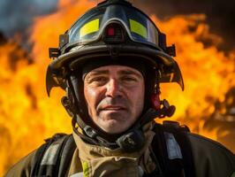 mutig männlich Feuerwehrmann furchtlos konfrontiert das lodernd Inferno ai generativ foto