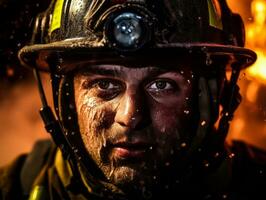 mutig männlich Feuerwehrmann furchtlos konfrontiert das lodernd Inferno ai generativ foto