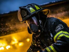 mutig männlich Feuerwehrmann furchtlos konfrontiert das lodernd Inferno ai generativ foto