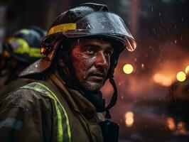 mutig männlich Feuerwehrmann furchtlos konfrontiert das lodernd Inferno ai generativ foto