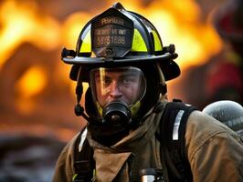 mutig männlich Feuerwehrmann furchtlos konfrontiert das lodernd Inferno ai generativ foto