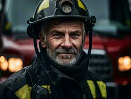 mutig männlich Feuerwehrmann furchtlos konfrontiert das lodernd Inferno ai generativ foto