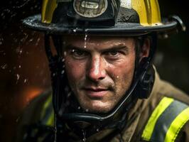 mutig männlich Feuerwehrmann furchtlos konfrontiert das lodernd Inferno ai generativ foto