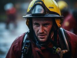 mutig männlich Feuerwehrmann furchtlos konfrontiert das lodernd Inferno ai generativ foto