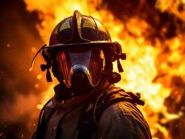 mutig männlich Feuerwehrmann furchtlos konfrontiert das lodernd Inferno ai generativ foto