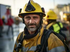 mutig männlich Feuerwehrmann furchtlos konfrontiert das lodernd Inferno ai generativ foto