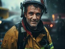 mutig männlich Feuerwehrmann furchtlos konfrontiert das lodernd Inferno ai generativ foto