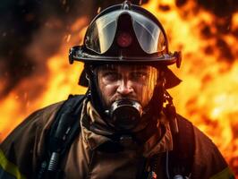 mutig männlich Feuerwehrmann furchtlos konfrontiert das lodernd Inferno ai generativ foto