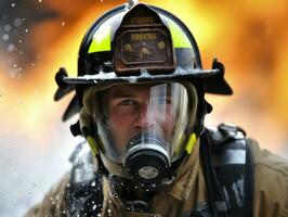 mutig männlich Feuerwehrmann furchtlos konfrontiert das lodernd Inferno ai generativ foto