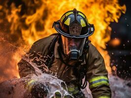 mutig männlich Feuerwehrmann furchtlos konfrontiert das lodernd Inferno ai generativ foto