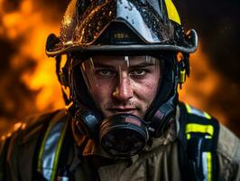 mutig männlich Feuerwehrmann furchtlos konfrontiert das lodernd Inferno ai generativ foto