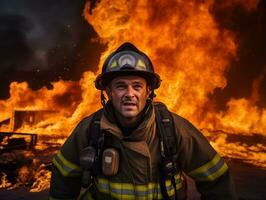 mutig männlich Feuerwehrmann furchtlos konfrontiert das lodernd Inferno ai generativ foto