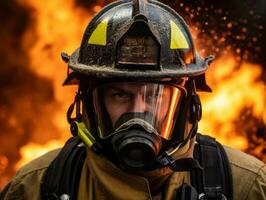 mutig männlich Feuerwehrmann furchtlos konfrontiert das lodernd Inferno ai generativ foto