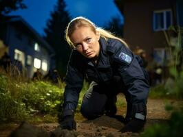 die Polizistin ist vorsichtig Prüfung das Verbrechen Szene zum Potenzial Beweise ai generativ foto